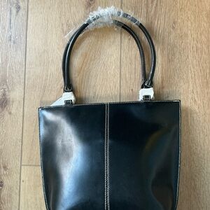 NWT, Elegant Black Leather Hand Bag, with leather handles
